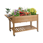 Petsblublu 55x24x32in Raised Garden Bed, Elevated Wood Planter w/ Wheels, Shelf, Liner - Brown