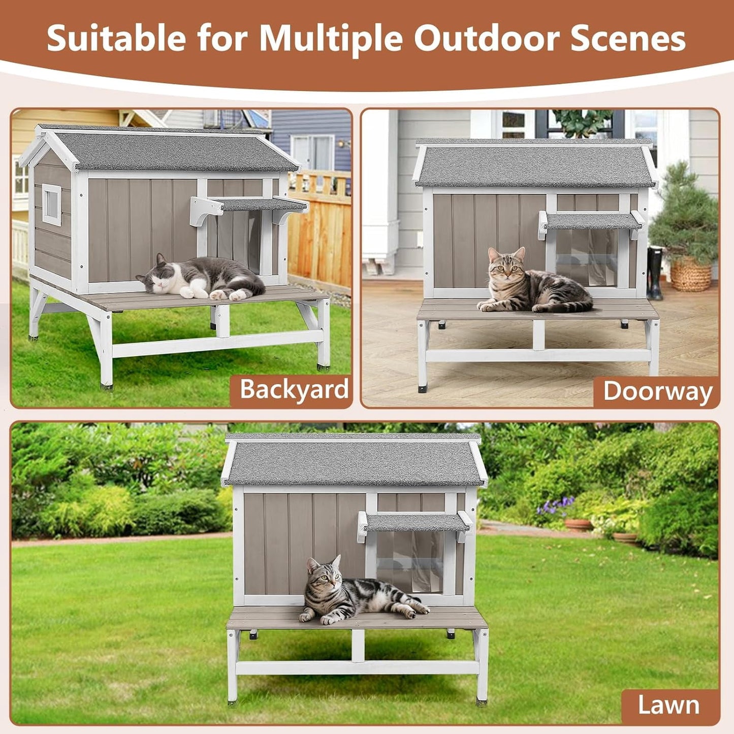 Petsblublu Outdoor Small Cat House Wooden Indoor Feral Cats Shelter with Balcony