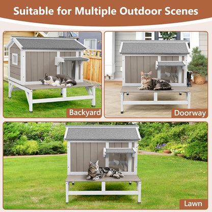 Petsblublu Outdoor Small Cat House Wooden Indoor Feral Cats Shelter with Balcony