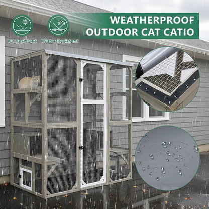 Petsblublu Large Outdoor Cat Catio Enclosures, Wooden Catio Window Cat Patio for Cats Feral with 5 Platforms
