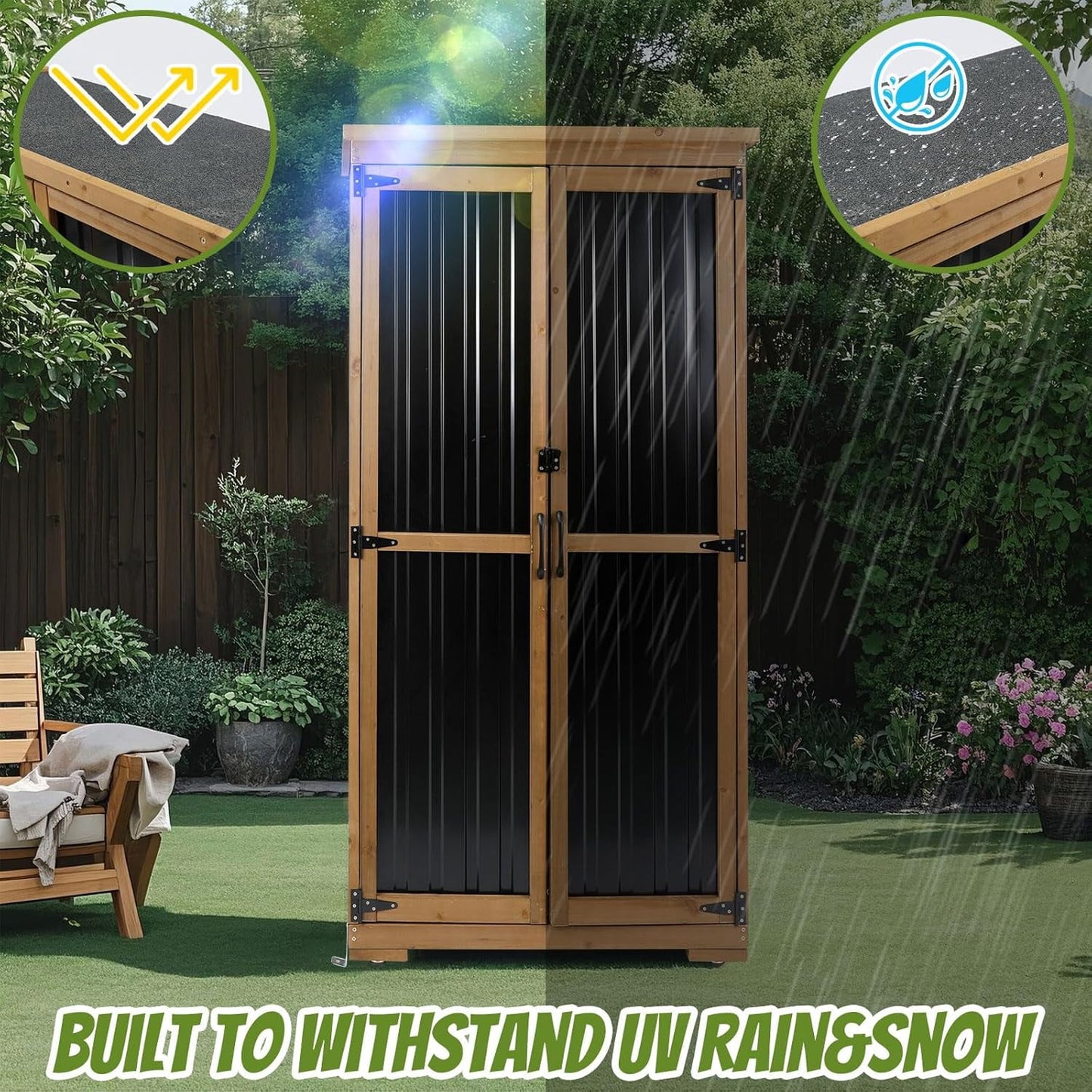 Petsblublu Outdoor Storage Cabinet,Wood & Metal Storage Shed with Adjustable Shelves & Lockable Doors,for Backyard Patio, Gardening Tools
