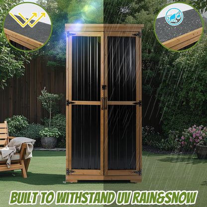 Petsblublu Outdoor Storage Cabinet,Wood & Metal Storage Shed with Adjustable Shelves & Lockable Doors,for Backyard Patio, Gardening Tools