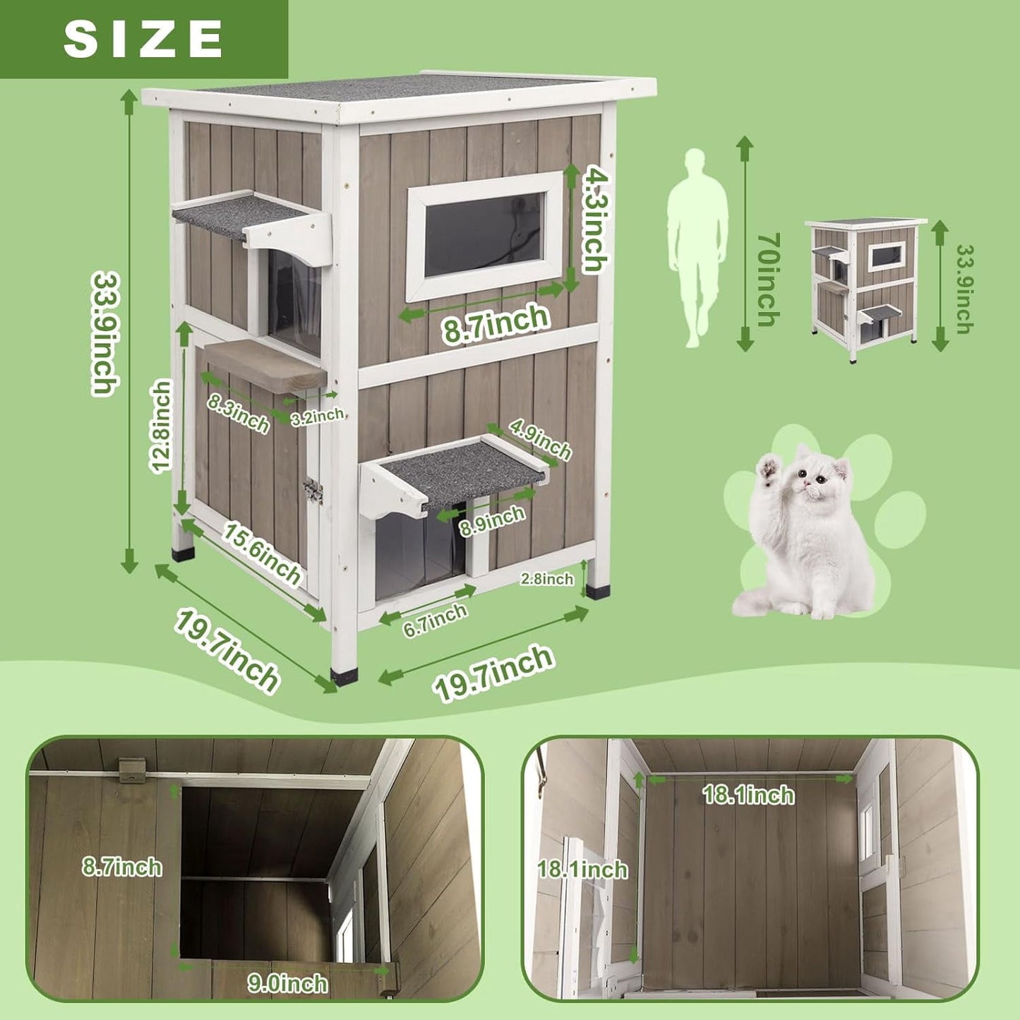 Petsblublu Outdoor Cat House Weatherproof, Two Story Wooden Feral Cat Shelter with 2 Escape Door