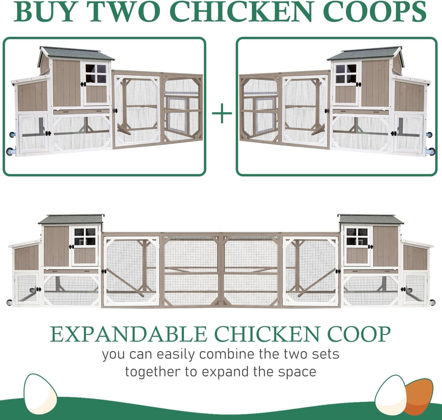 Petsblublu 95.3 L Outdoor Large Chicken Coop with Run, Chicken Tractor Hen House with 3 Nesting Boxes, Gray
