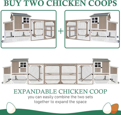 Petsblublu 95.3 L Outdoor Large Chicken Coop with Run, Chicken Tractor Hen House with 3 Nesting Boxes, Gray