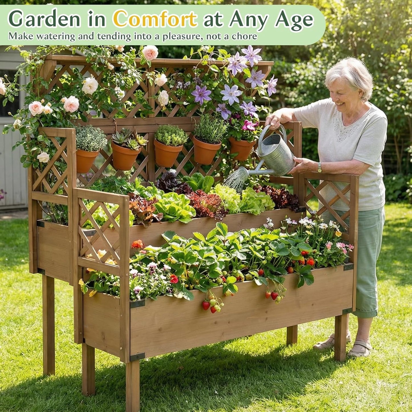 Petsblublu Raised Garden Bed with Trellis, Elevated Flower Plant Stand for Gardening