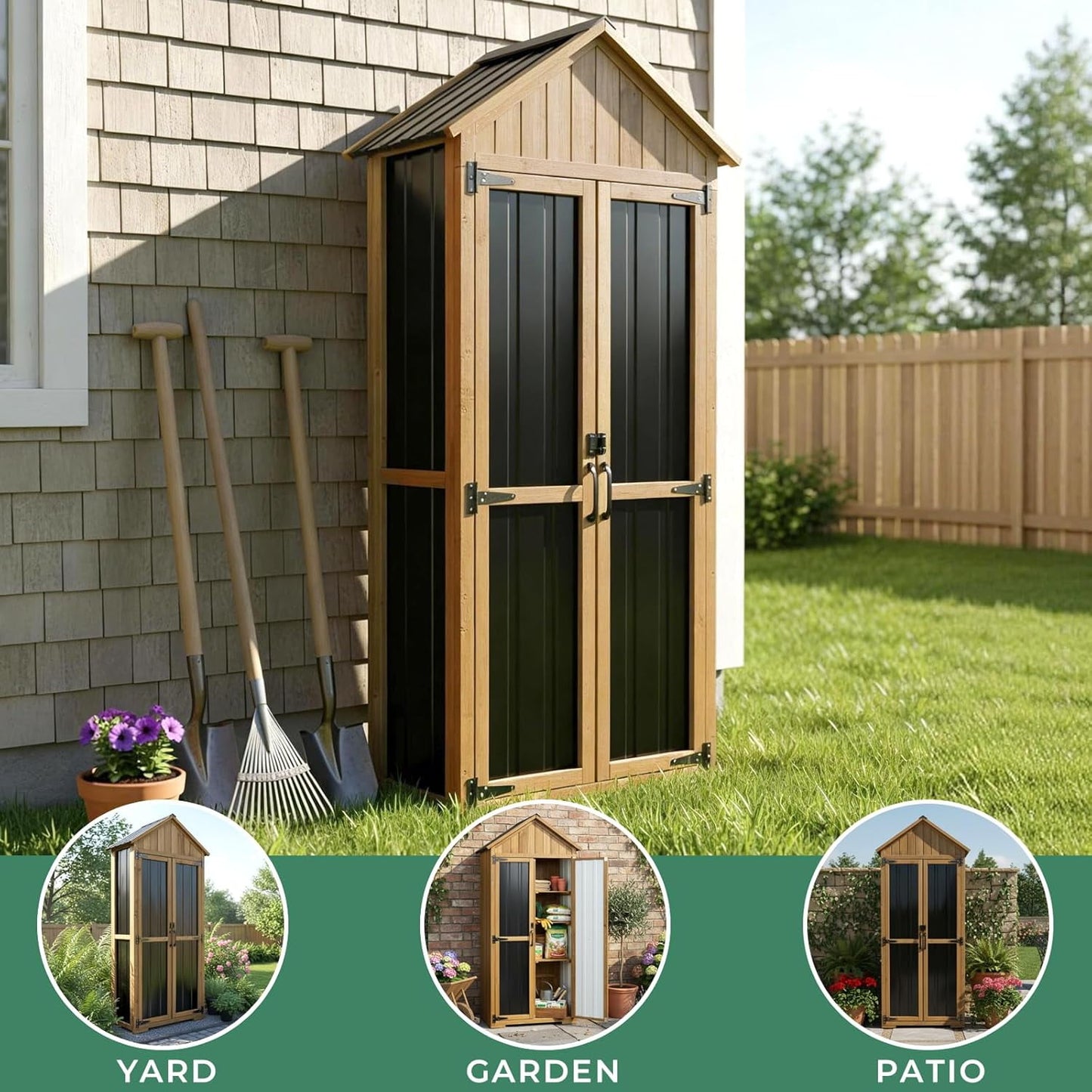 Petsblublu Outdoor Storage Cabinet with Shelf, Wood & Metal Shed for Patio Backyard, Garden Shed Tool Shed and Accessories, Brown