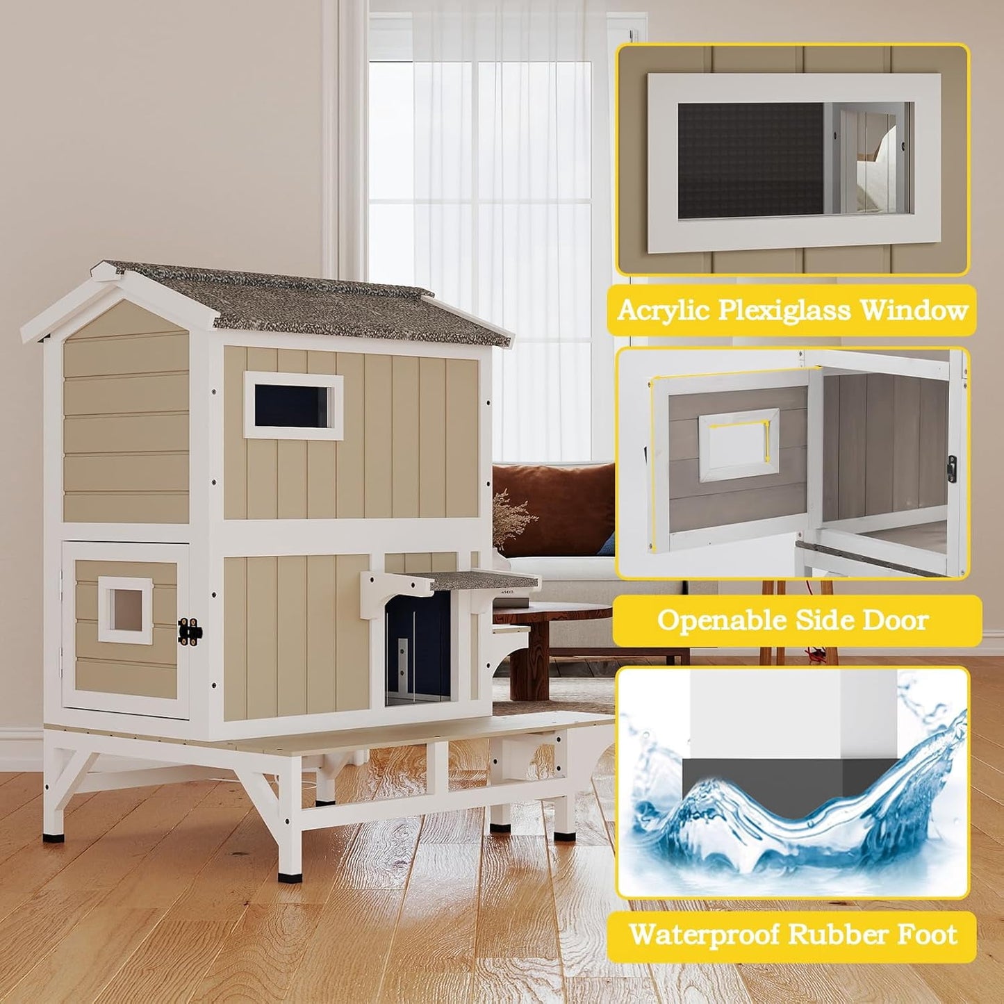 Petsblublu Outdoor Wooden Two Story Cat House Weatherproof with 3 Jumping Platforms, Grey
