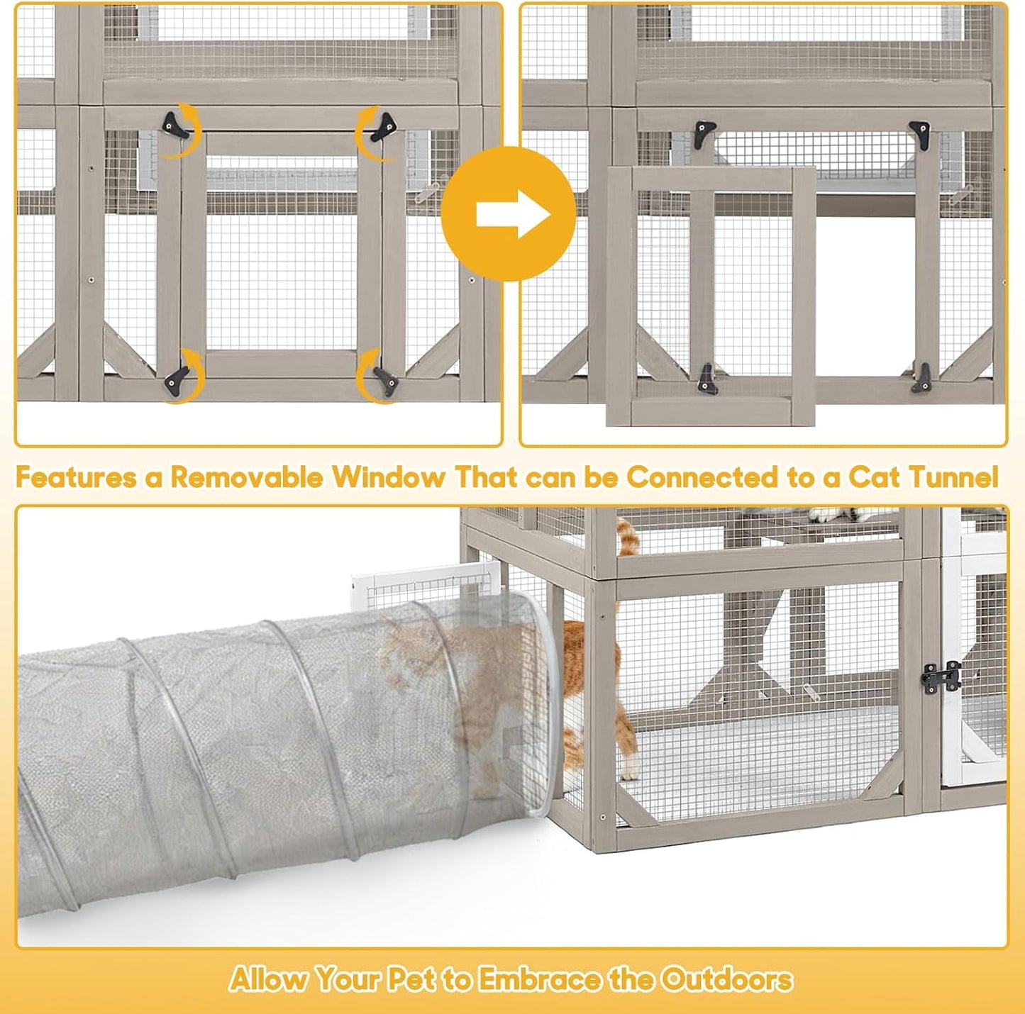 Petsblublu Large Catio Outdoor Cat Enclosure, Wooden Cat House with Removable Weatherproof Cover, 4 Platforms