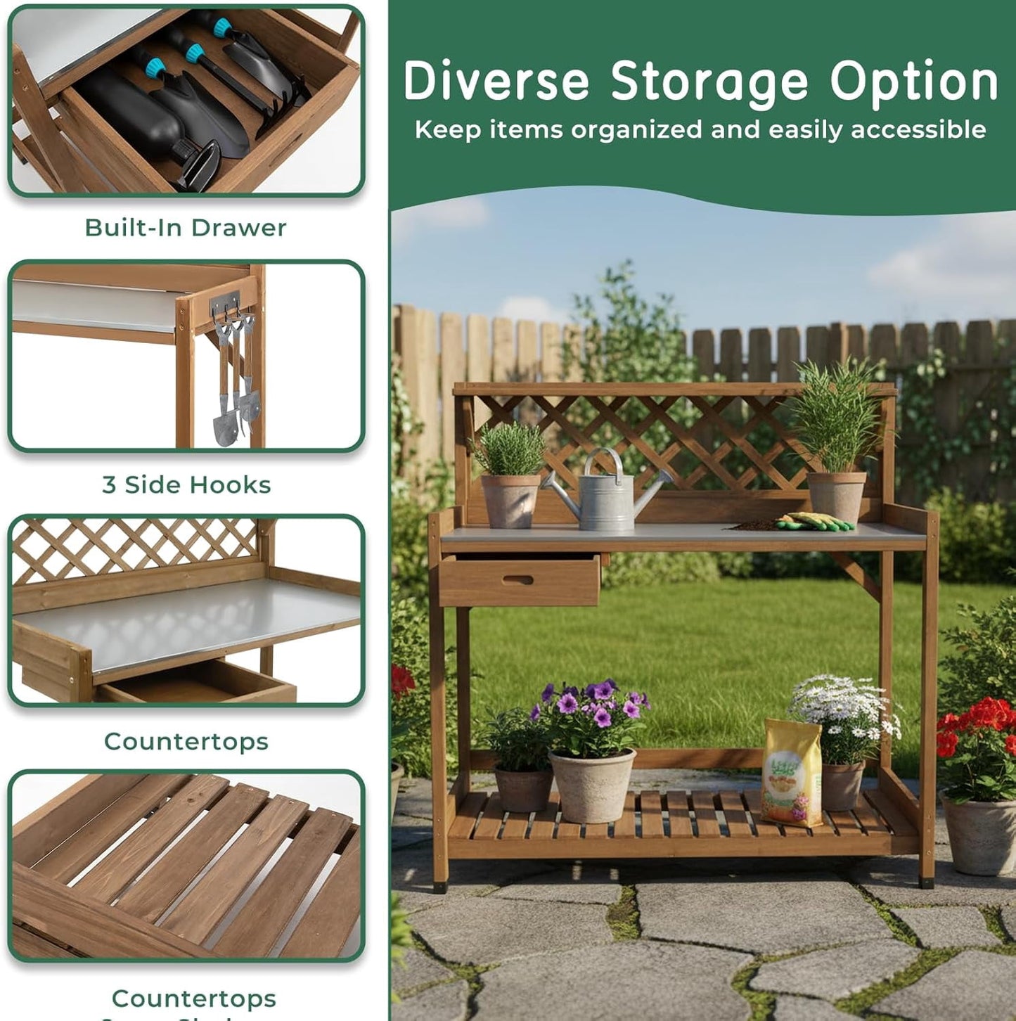 Petsblublu Outdoor Potting Bench Table Work Bench with Drawer Natural Wood Garden with Bottom Shelf