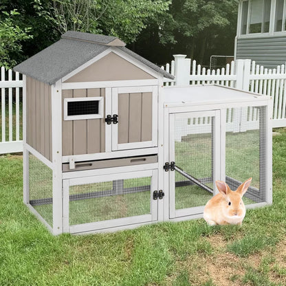 Petsblublu 47''L Rabbit Hutch Outdoor Wooden Indoor 2 Story Bunny House with Waterproof Roof