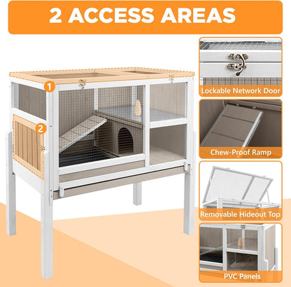 Petsblublu 2-Story Outdoor Indoor Guinea Pig Cages, Wooden Rabbit Hutch with 4 Detachable Legs, Leakage Pull-Out Tray