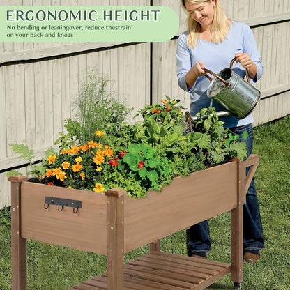 Petsblublu 55x24x32in Raised Garden Bed, Elevated Wood Planter w/ Wheels, Shelf, Liner - Brown