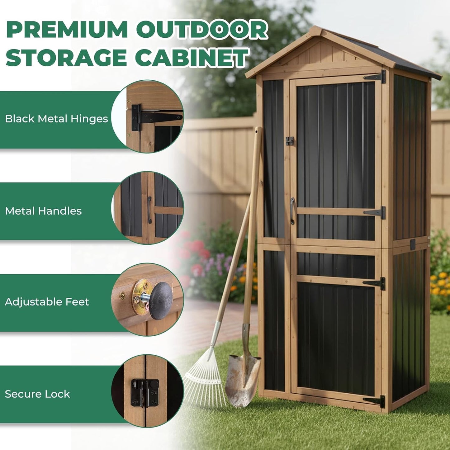 Petsblublu Large Outdoor Storage Cabinet with 4 Shelves, Wood Outdoor Storage Shed with Weatherproof Roof