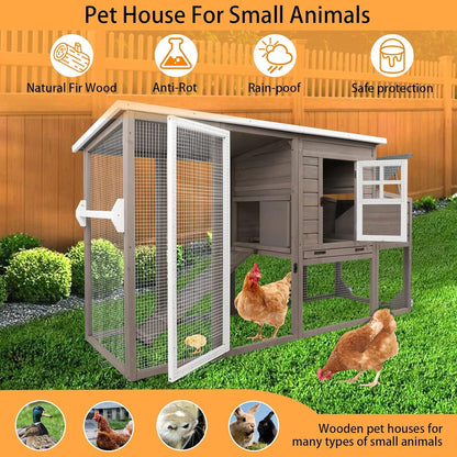Petsblublu Outdoor Wooden Chicken Coop with Wheels Asphalt Roof Nest Boxes,Gray