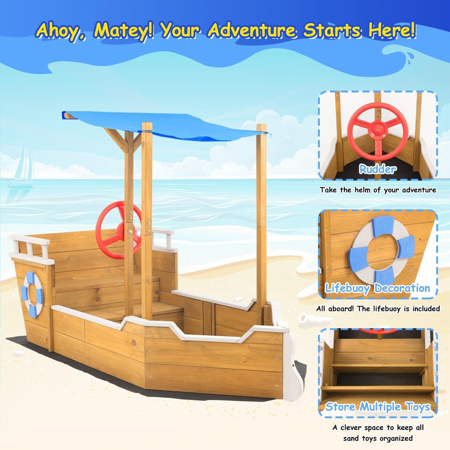 Petsblublu Kids Wooden Outdoor Sandbox with Canopy for Aged 3-8 Years Old