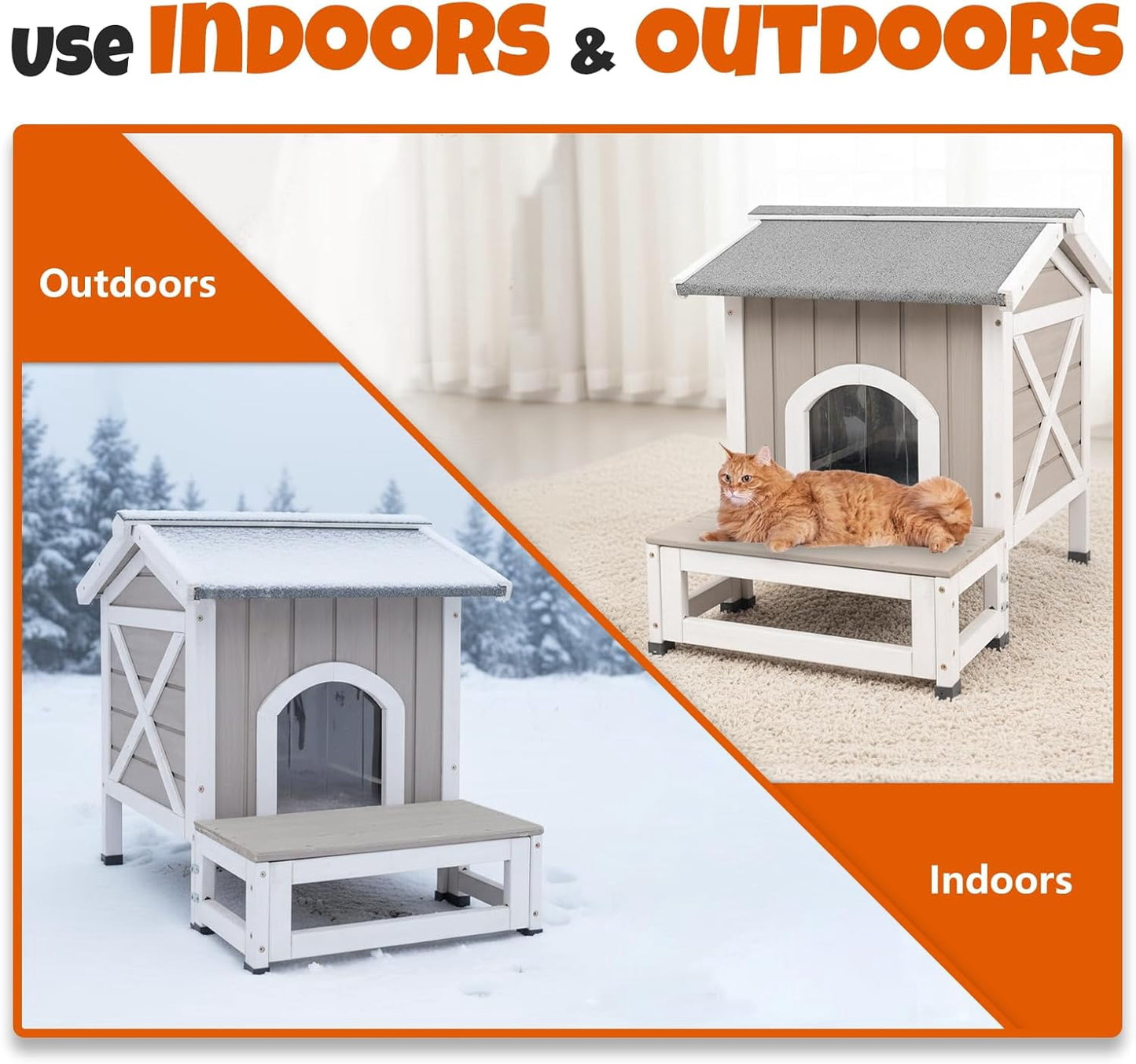 Petsblublu Small Insulated Outdoor Cat House with Openable Roof Indoor Pet Feral Cats Shelter for Winter, Gray