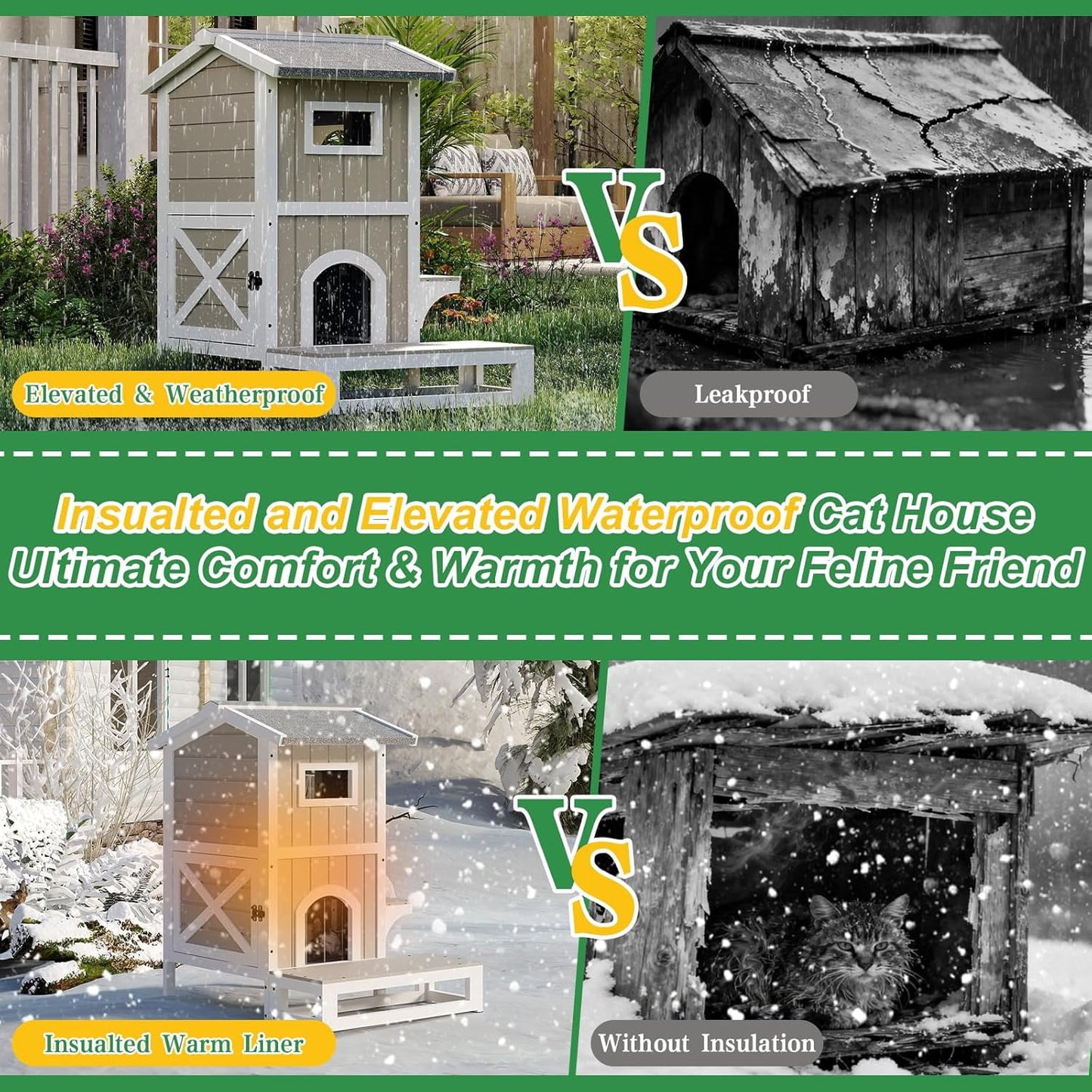 Petsblublu Insulated Outdoor Weatherproof Cat House Two Story Cats Shelter for Winter, with Jumping Platforms