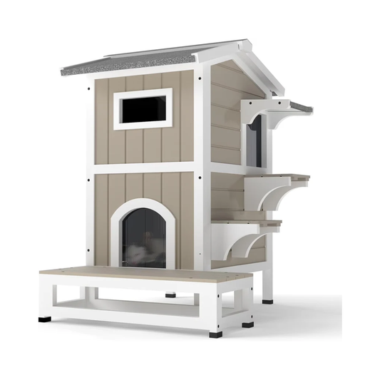 Petsblublu Insulated Outdoor Weatherproof Cat House Two Story Cats Shelter for Winter, with Jumping Platforms