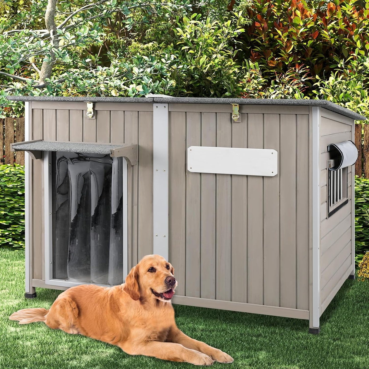 Petsblublu 50 L Large Wooden Outdoor Dog House Weatherproof Dog Kennel with Anti-Chewing Iron Frame