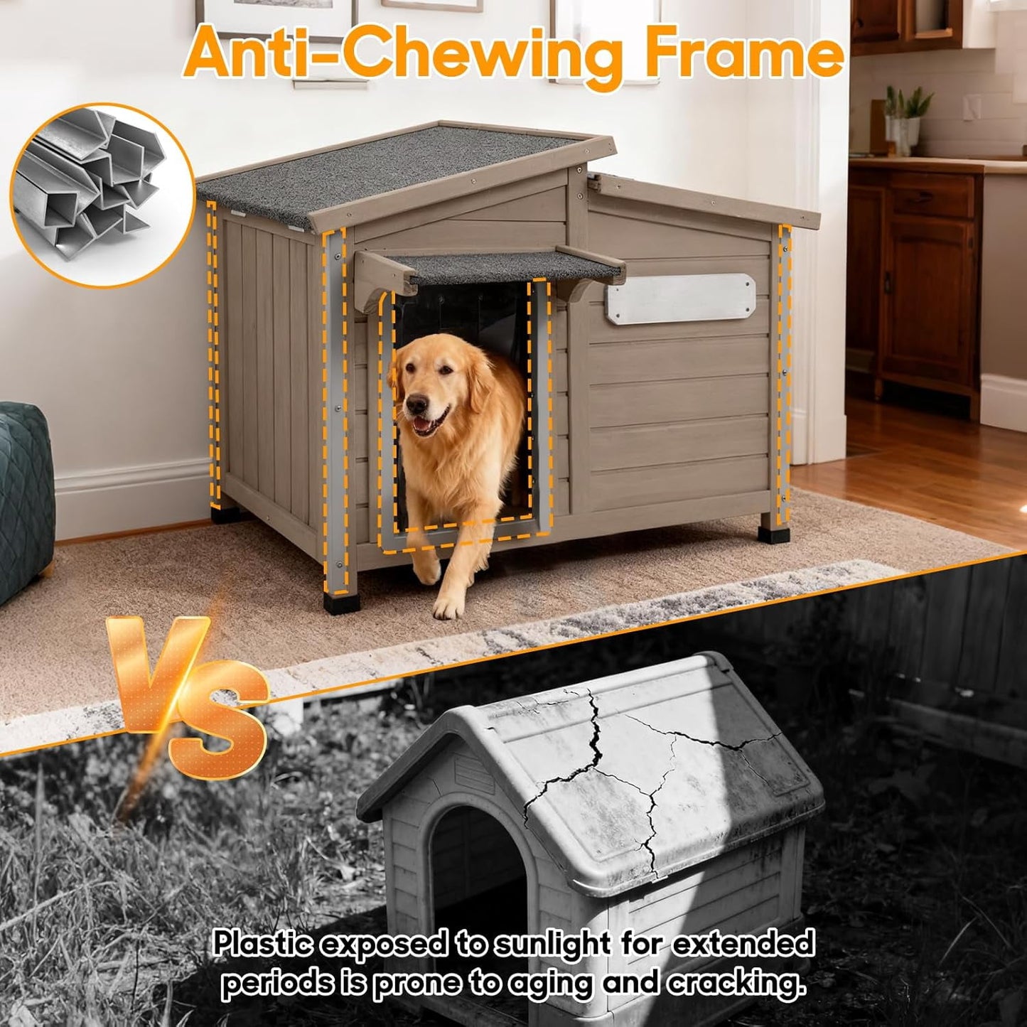 Petsblublu Outdoor Weatherproof Indoor Dog House，with Openable Asphalt Roof, Anti-Chewing Iron Frame