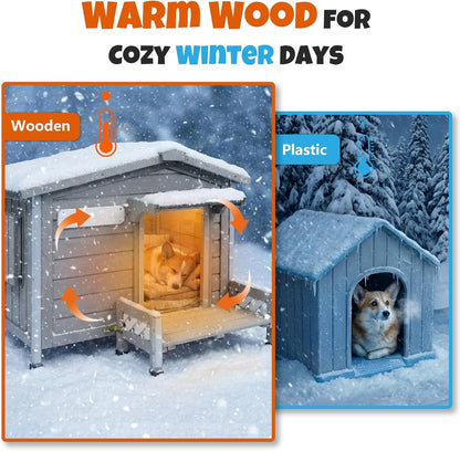 Petsblublu Large Wooden Outdoor Dog House with Porch，34 D x 22 W x 26.5 H