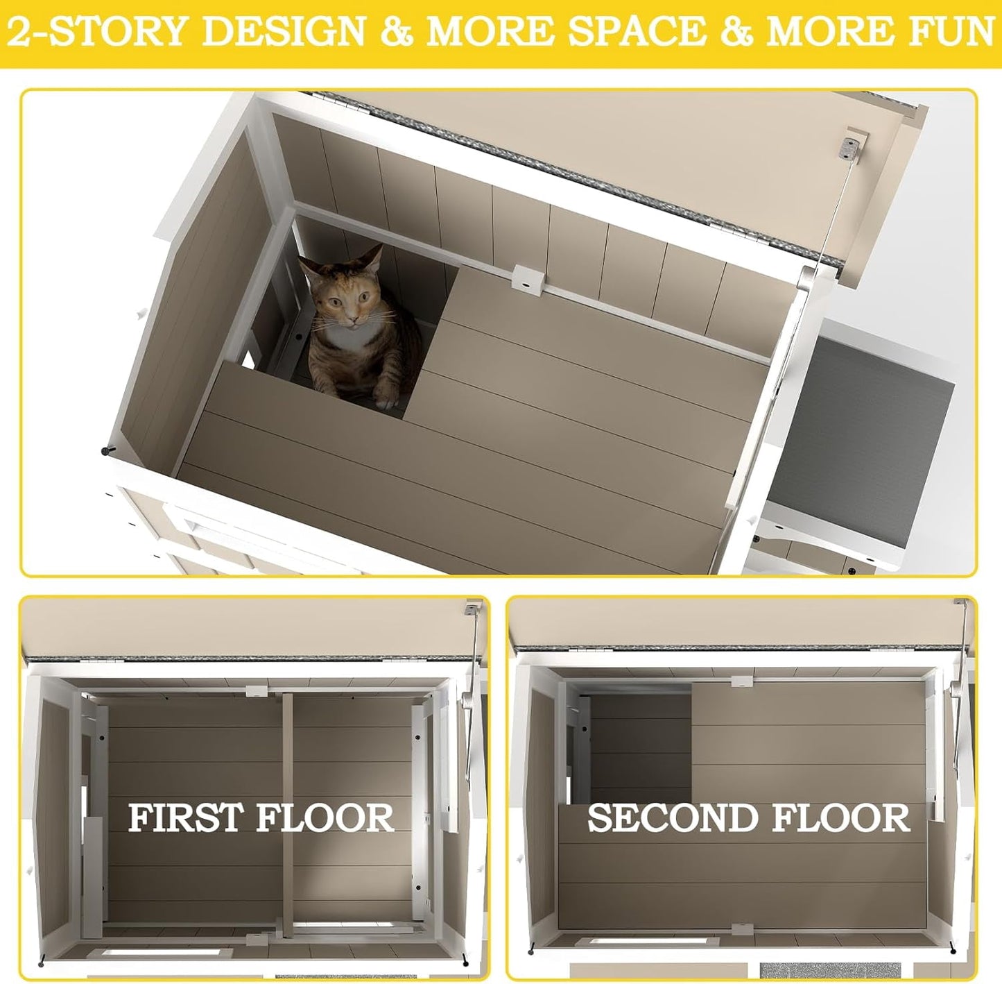 Petsblublu Outdoor Wooden Two Story Cat House Weatherproof with 3 Jumping Platforms, Grey