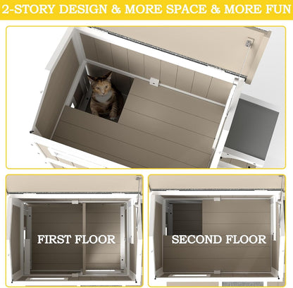 Petsblublu Outdoor Wooden Two Story Cat House Weatherproof with 3 Jumping Platforms, Grey