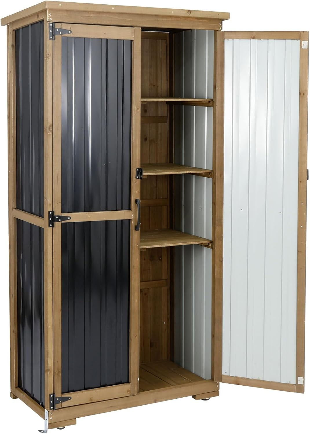 Petsblublu Outdoor Storage Cabinet,Wood & Metal Storage Shed with Adjustable Shelves & Lockable Doors,for Backyard Patio, Gardening Tools