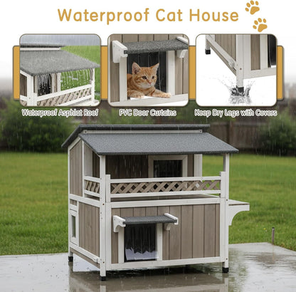 Petsblublu Outdoor Cat House 2 Story Wooden Cat Feral with Balcony Waterproof, Escape Doors