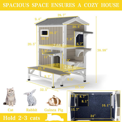 Petsblublu Insulated Outdoor Two-Story Cat House with Jumping Platforms, Gray