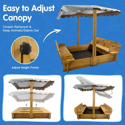 Petsblublu Wooden Kids Sandbox with Lid, Outdoor Sand Box with Canopy and Two Foldable Bench Seats