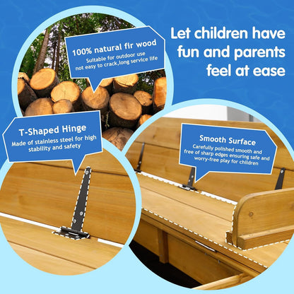 Petsblublu Wooden Kids Sandbox with Lid, Outdoor Sand Box with Canopy and Two Foldable Bench Seats