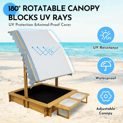 Petsblublu Outdoor Wooden Sandbox with Adjustable Canopy&Two Toy Basins for Beach