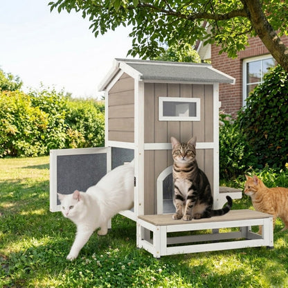 Petsblublu Insulated 2-Story Cat House with Jumping Platforms and Balcony, Gray