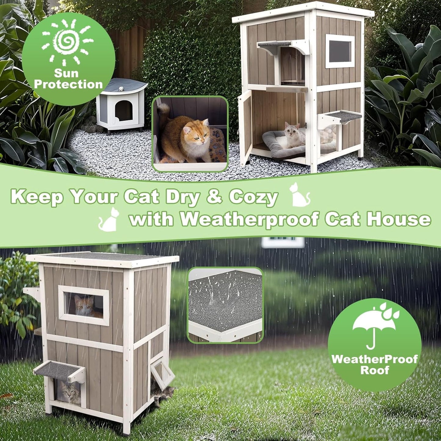 Petsblublu Outdoor Cat House Weatherproof, Two Story Wooden Feral Cat Shelter with 2 Escape Door
