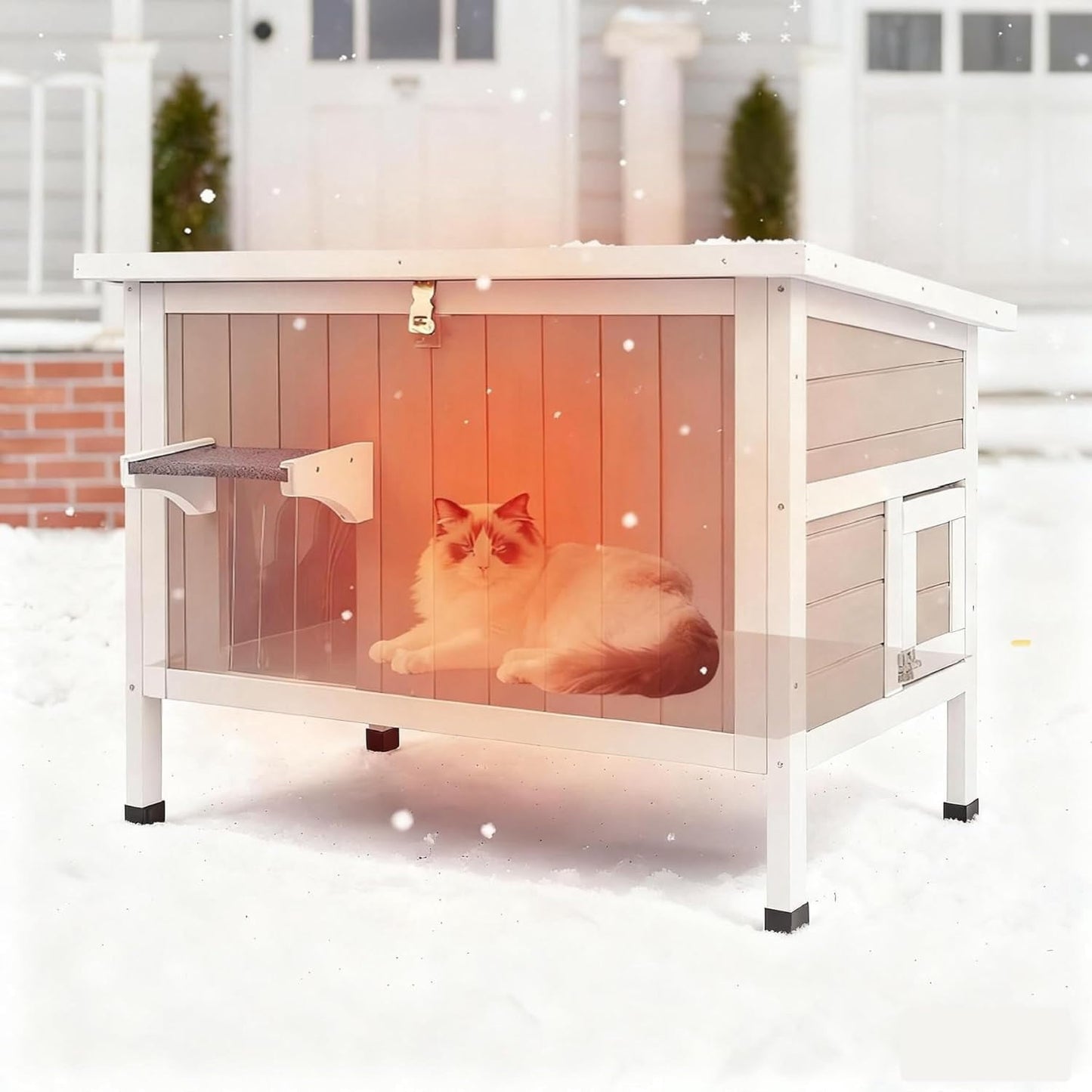 Petsblublu Insulated Outdoor Wooden Cat House Feral Cats Shelter for Winter, 34.4x21.6x25.6