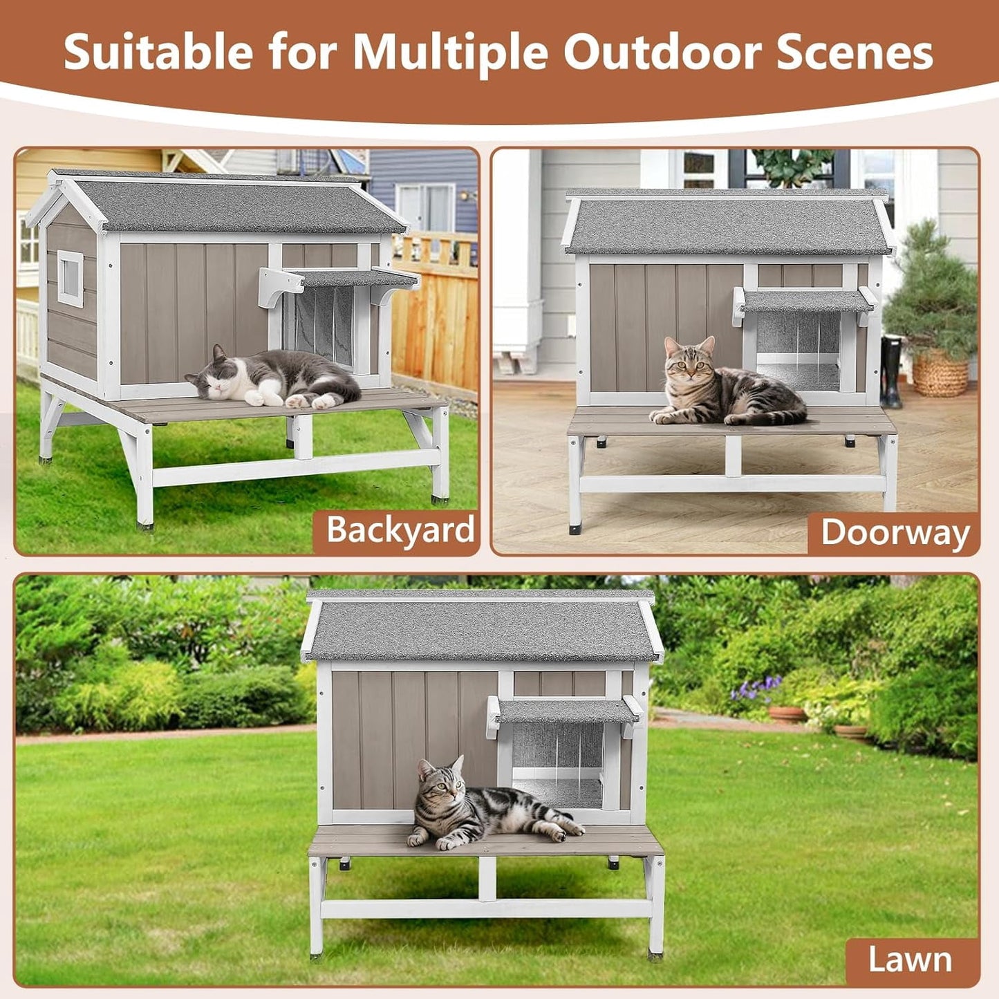 Petsblublu Insulated Outdoor Small Cat House Wooden Indoor Feral Cats Shelter for Winter with Balcony