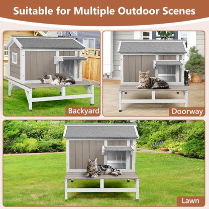 Petsblublu Insulated Outdoor Small Cat House Wooden Indoor Feral Cats Shelter for Winter with Balcony