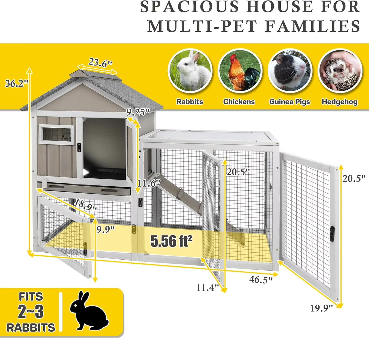 Petsblublu 47''L Rabbit Hutch Outdoor Wooden Indoor 2 Story Bunny House with Waterproof Roof