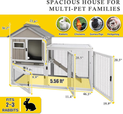 Petsblublu 47''L Rabbit Hutch Outdoor Wooden Indoor 2 Story Bunny House with Waterproof Roof