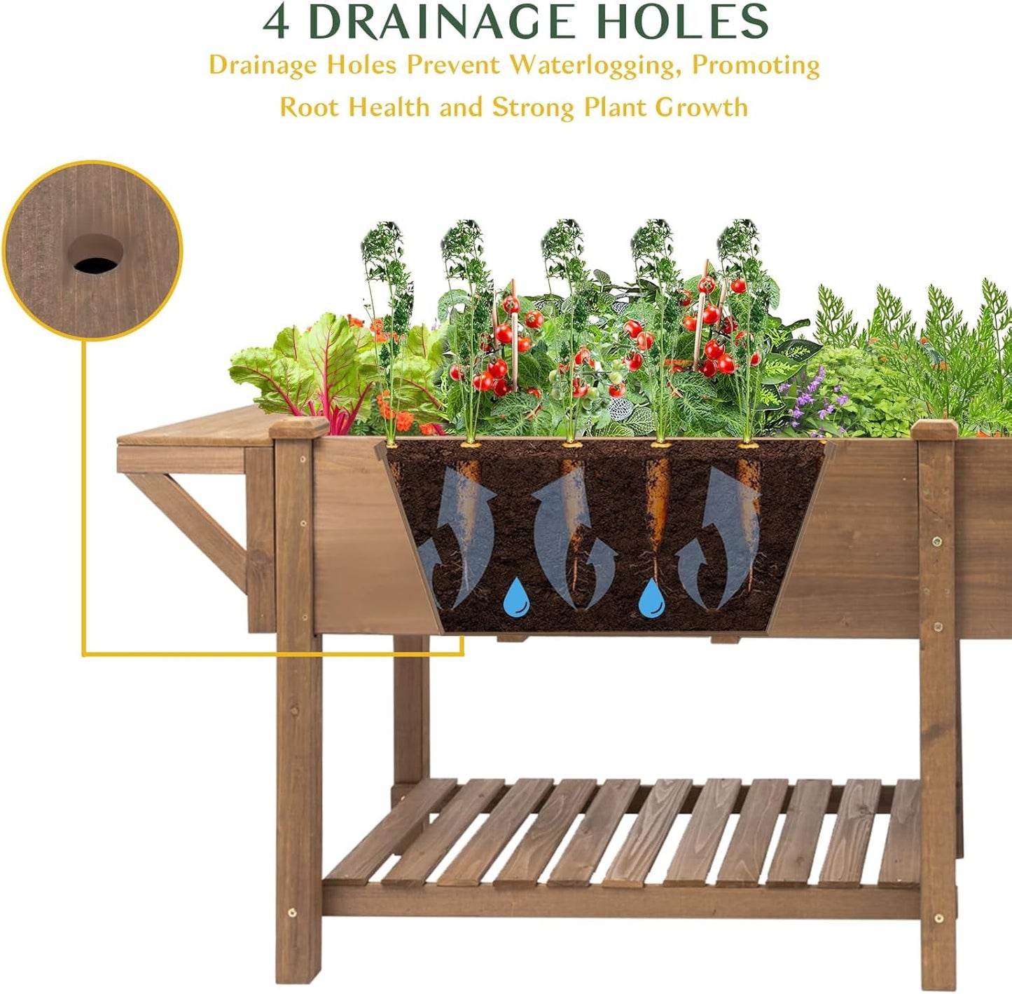 Petsblublu 80x23x30in Raised Garden Bed, Elevated Wood Planter w/ Extra table, Shelf, Liner - Brown
