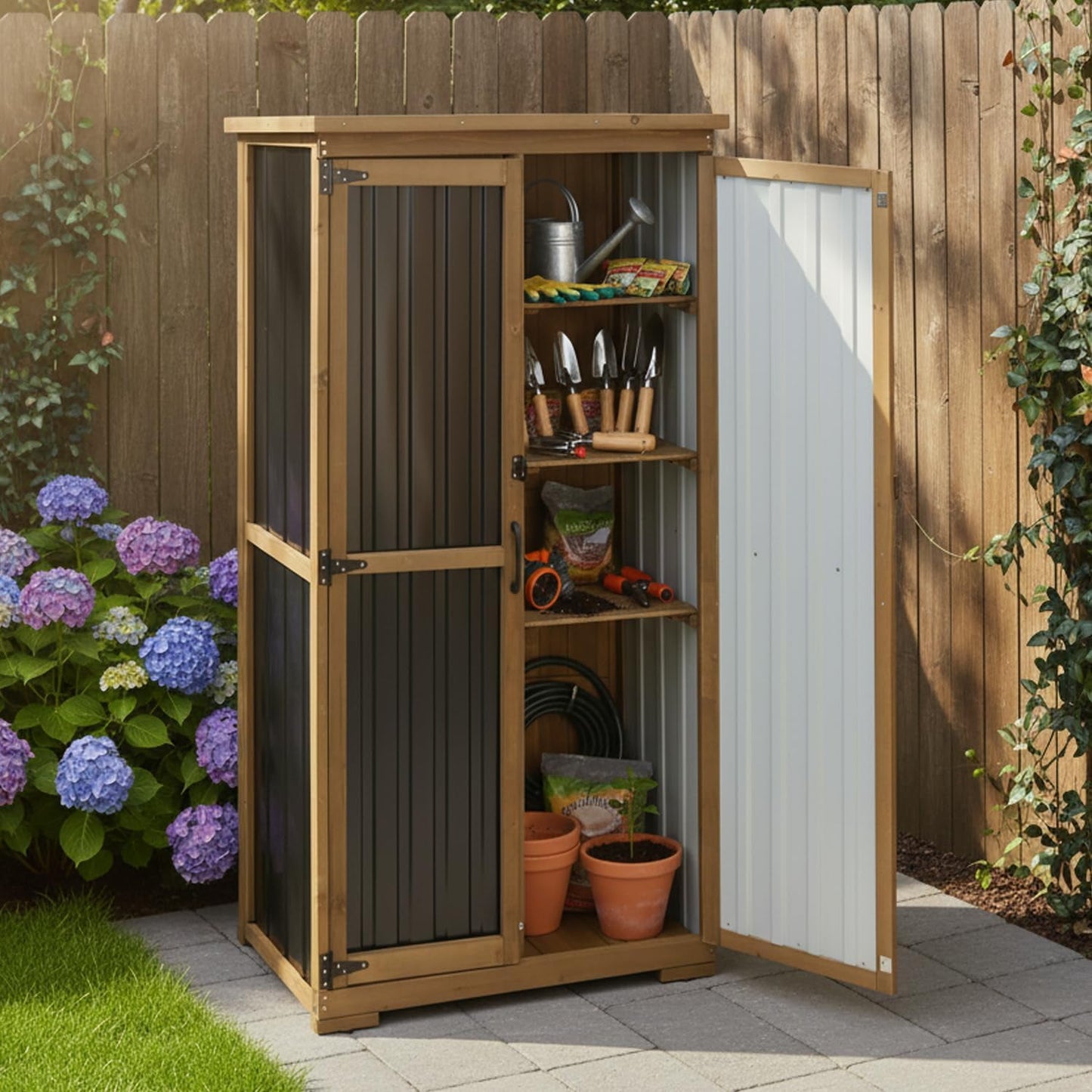Petsblublu Outdoor Storage Cabinet,Wood & Metal Storage Shed with Adjustable Shelves & Lockable Doors,for Backyard Patio, Gardening Tools