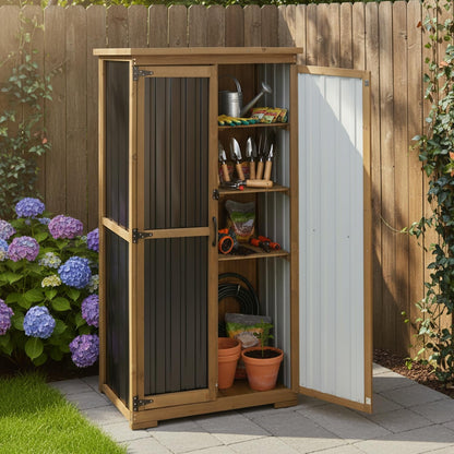 Petsblublu Outdoor Storage Cabinet,Wood & Metal Storage Shed with Adjustable Shelves & Lockable Doors,for Backyard Patio, Gardening Tools