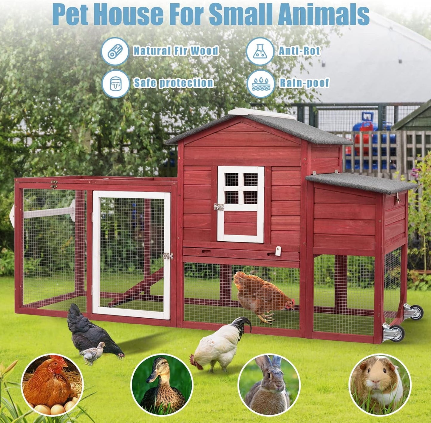 Petsblublu 79 L Chicken Coop with Run Outdoor Indoor Mobile Hen House with Nesting Boxes, Wheels, Red