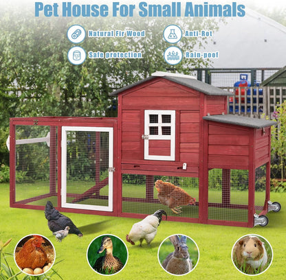 Petsblublu 79 L Chicken Coop with Run Outdoor Indoor Mobile Hen House with Nesting Boxes, Wheels, Red
