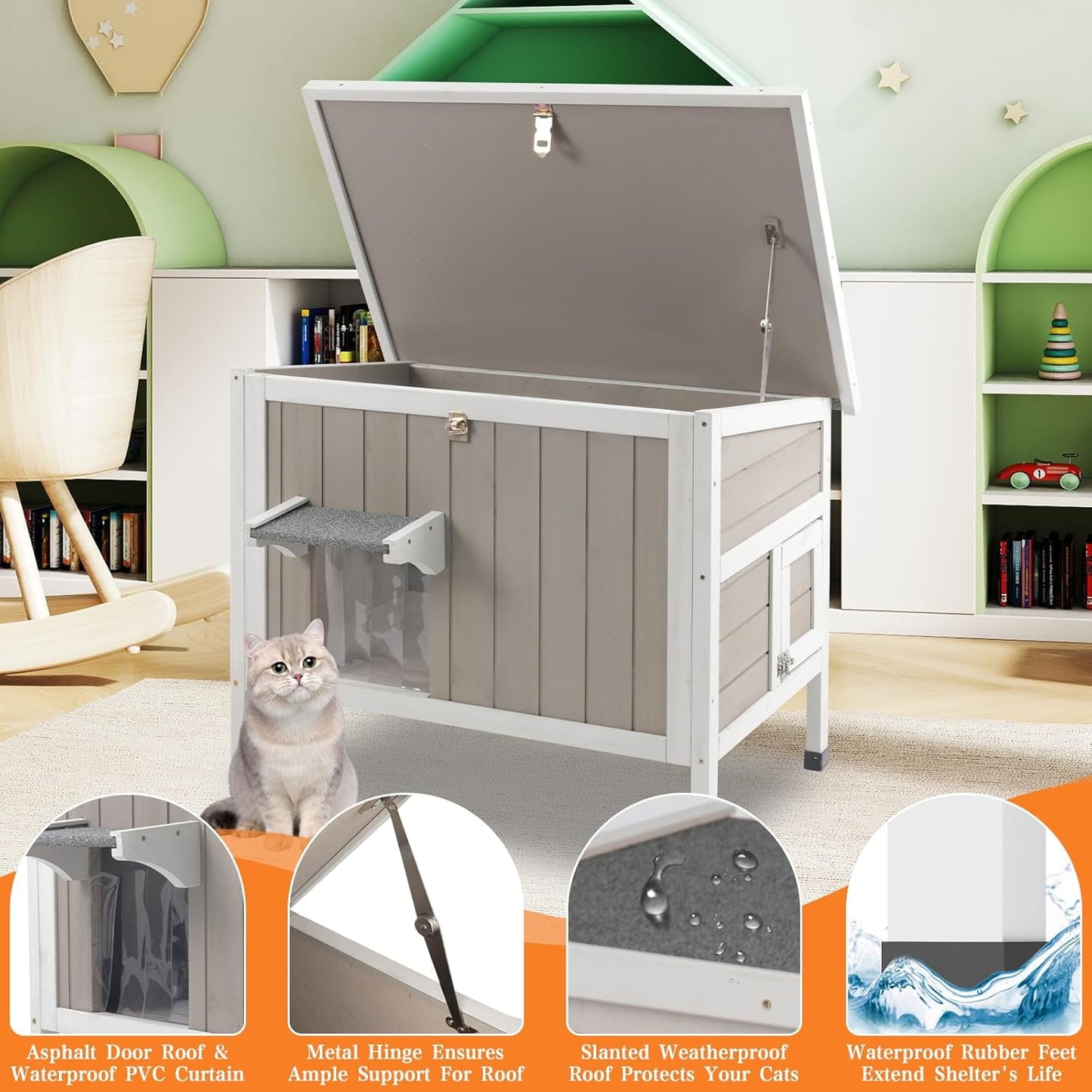 Petsblublu Insulated Outdoor Wooden Cat House Feral Cats Shelter for Winter, 30.7x21.6x25.6