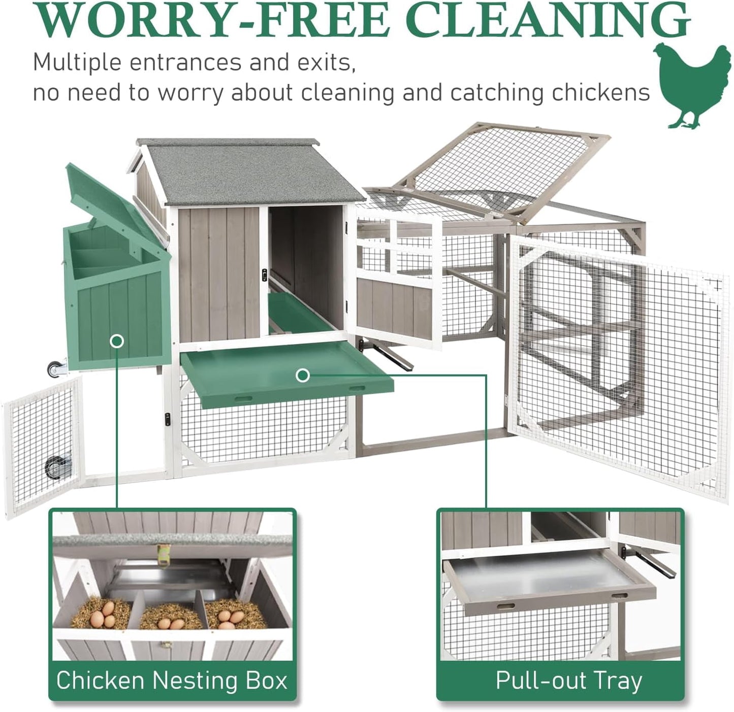 Petsblublu 95.3 L Outdoor Large Chicken Coop with Run, Chicken Tractor Hen House with 3 Nesting Boxes, Gray