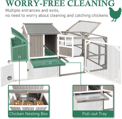Petsblublu 95.3 L Outdoor Large Chicken Coop with Run, Chicken Tractor Hen House with 3 Nesting Boxes, Gray