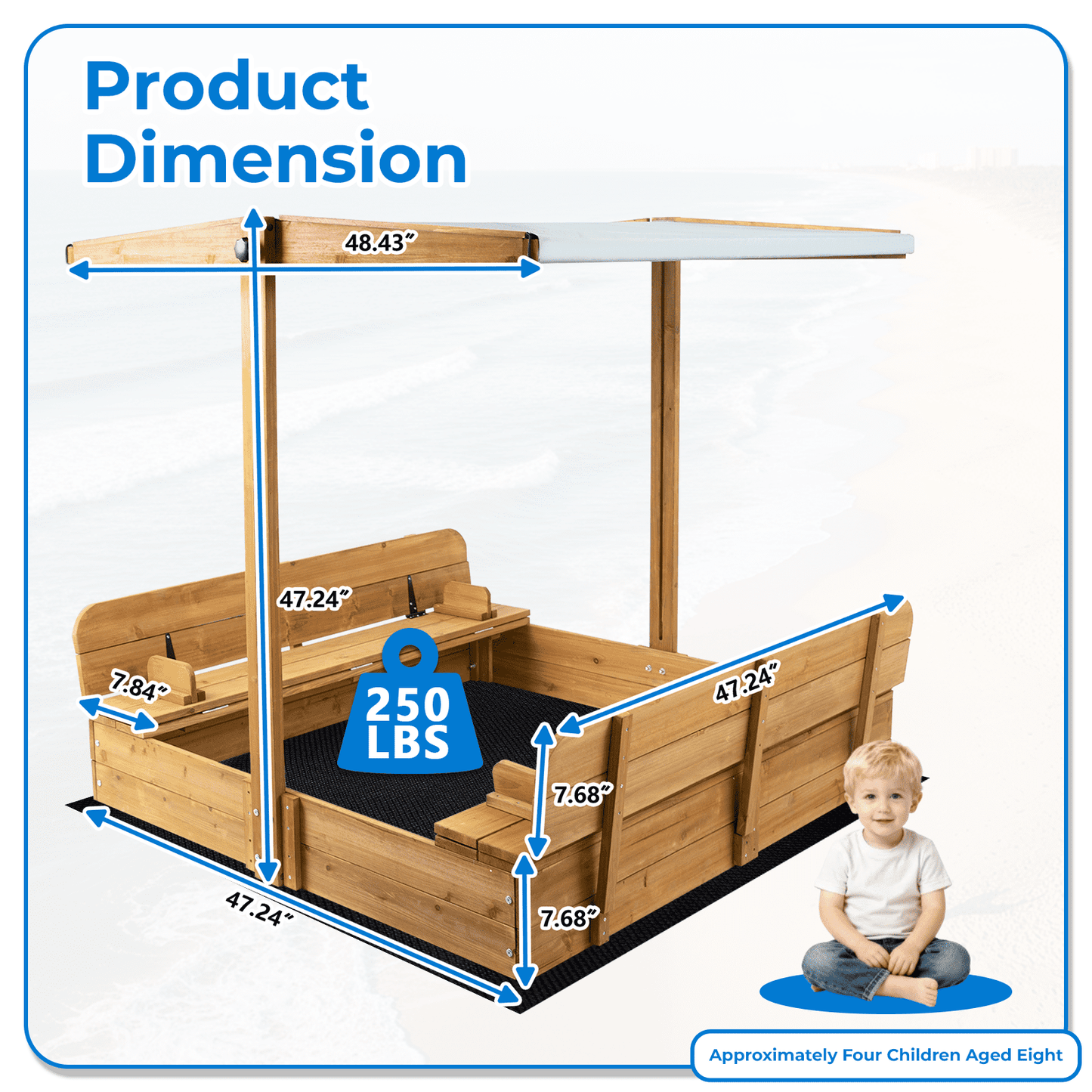 Sandbox with  UV-Resistant Canopy, Foldable Bench Seats and Liner for Kids, Solid Wood, 47x47in